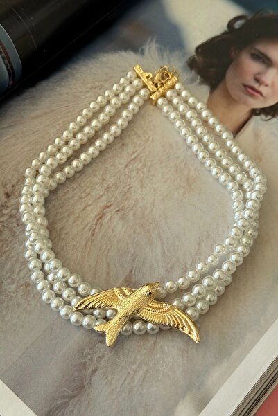 Trendy Butik Bird Figured Pearl Row Choker