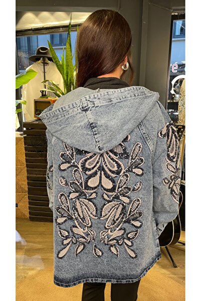 Dadali Women's Stone Embroidered Embroidered Long Sleeve Cotton Denim Jacket