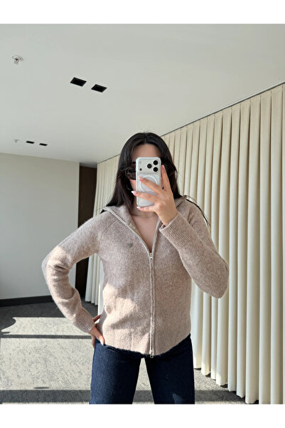 Laluvia Beige Turtleneck Double Zipper Cardigan - 251108