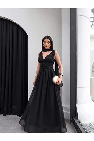 ESRAHELVACI Şallı Bel Drapeli Şifon Maxi Elbise