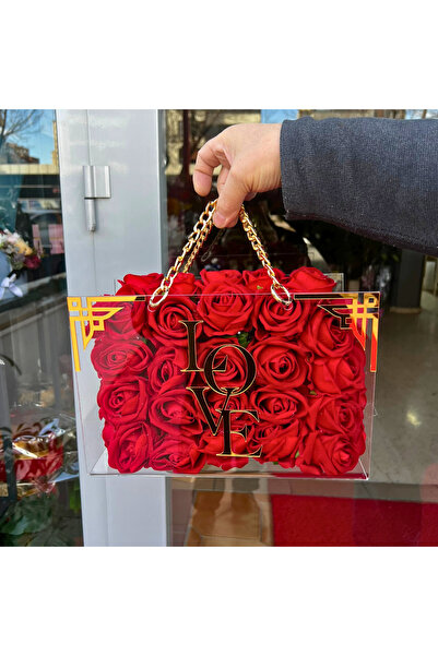 GözdeParti Pleksi çantada Gold Zincir detaylı yapay gül nişan,söz,isteme çiçe...