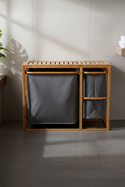 Vadi Bamboo Laundry Basket with Bench, Multi-Compartment Organizer, Seating B...