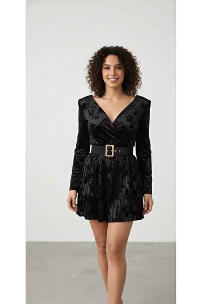 nefes butik Siyah Devore Kadife Piliseli Mini Elbise - Kemer Detaylı Gece Elb...