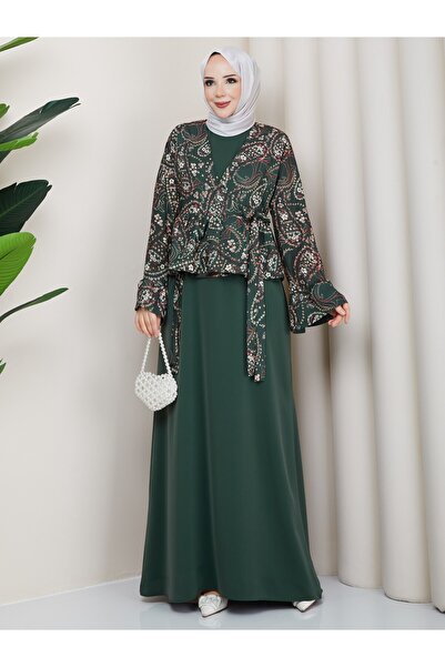 CLB COLLECTION Hijab Long Dress Patterned Double Set with Jacket