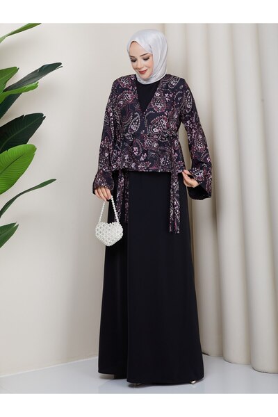 CLB COLLECTION Hijab Long Dress Patterned Double Set with Jacket