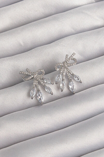 online kapsulavm avm alışveriş Brass Silver Color Zircon Stone Bow Earrings