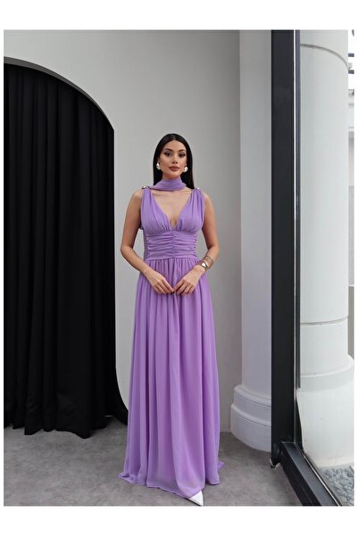 ESRAHELVACI Şallı Bel Drapeli Şifon Maxi Elbise