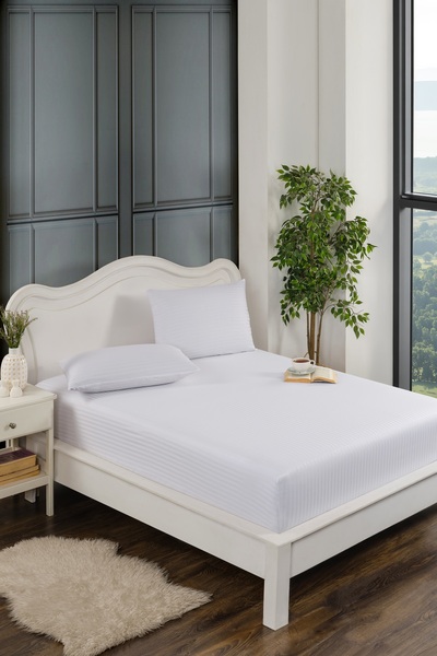 Naturosa Striped Satin Elastic Double White Bed Sheet Set - 40 cm - 2 Pillowc...