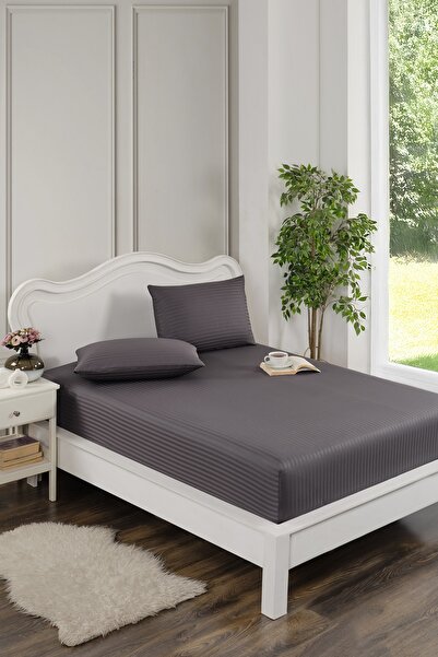 Naturosa Striped Satin Elastic Double Anthracite Bed Sheet Set - 40 cm - 2 Pi...