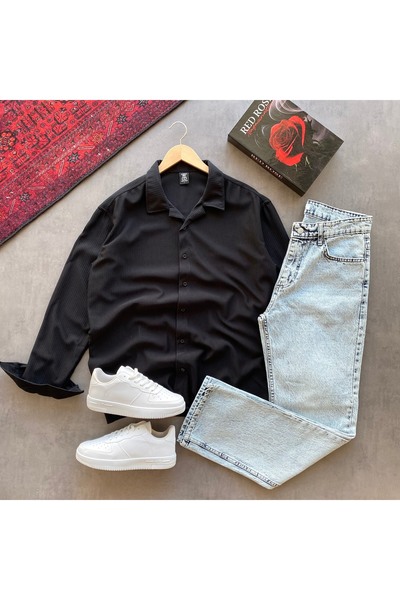 THANBUTİK Men's Corded Fabric Shirt and Baggy Pants 2-Piece Set