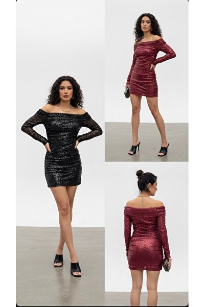 nefes butik Bordo Payetli Kayık Yaka Mini Abiye Elbise - Işıltılı Gece Elbisesi
