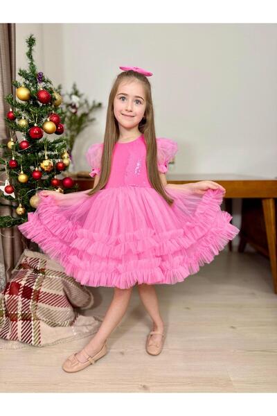 WON KIDS فستان بناتي، مزين بالكشكشة، مزين بالترتر، بأكمام بالون، مع هدية لابوبو