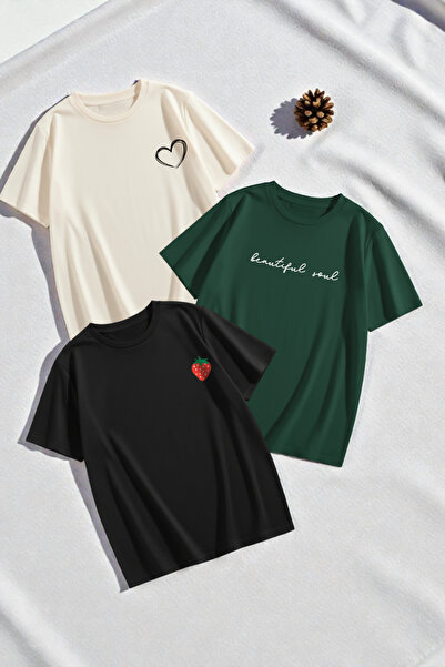 uyguntarz Unisex Mixed Printed T-Shirt Set – 3-Pack Crew Neck Casual T-Shirts