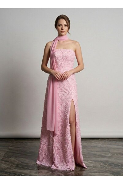 Tangül&Ali'S Moda Evi Şal Detaylı Straplez Pembe Yırtmaçlı Abiye Elbise