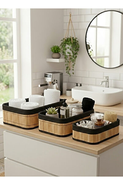 Nuha Home 3’lü Hasır İç Astarlı Düzenleyici Sepet Seti Dikdörtgen