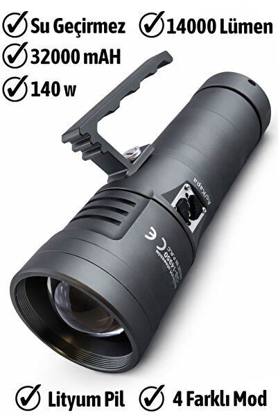 Badem10 Şarjlı Metal El Feneri 140W 14000 Lümen 32000mAh Süper Güçlü Uzun Men...