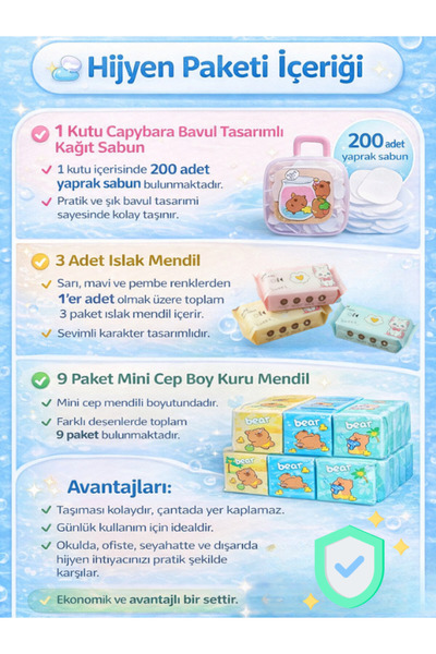 Dörtel Tedarik Hygiene Set: 3 Packs of Wet Wipes, 1 Box of Paper Soap, 9 Pack...