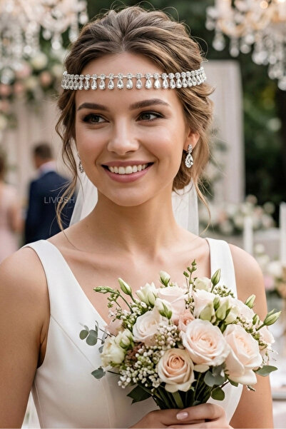 LIVOSH Νυφικό αξεσουάρ με πέτρες σε σχήμα φεγγαριού, κορώνα κεφαλής και αλυσί...