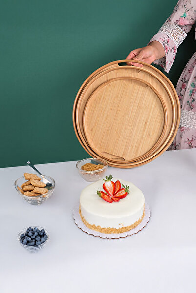 Vadi Wooden Round Serving Tray Set of 3 Natural Bamboo Presentation Tray