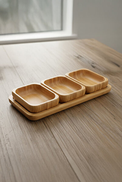 Vadi بامبو مجموعة تقديم صلصة الإفطار المكونة من 3 قطع، طقم تقديم من الخشب العضوي