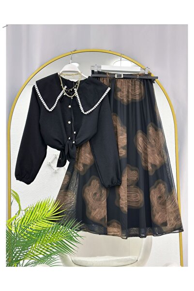 YEDİLALE Digitally Printed Ke Belt Chiffon Skirt, Festive Collar Shirt, Doubl...