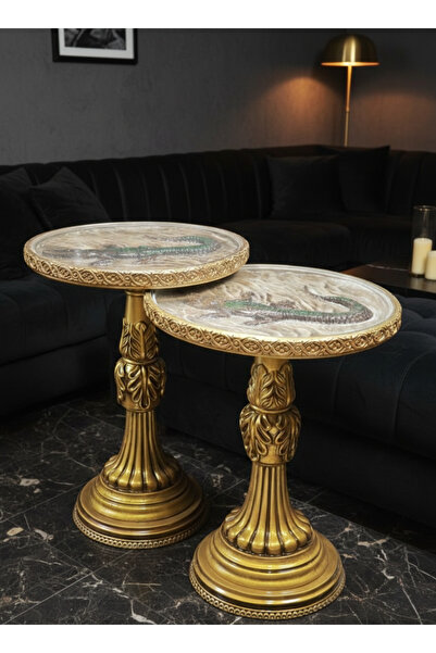 FERBUĞHAN TİMSAH FİGÜRLÜ POLYESTER DÖKÜM SEHPA SET GOLD