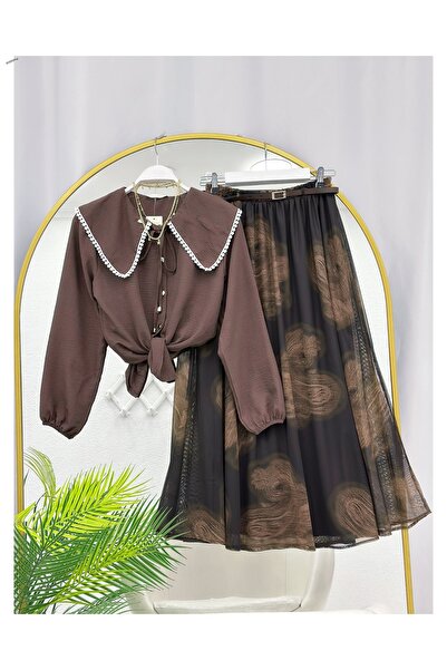 YEDİLALE Digitally Printed Ke Belt Chiffon Skirt, Festive Collar Shirt, Doubl...