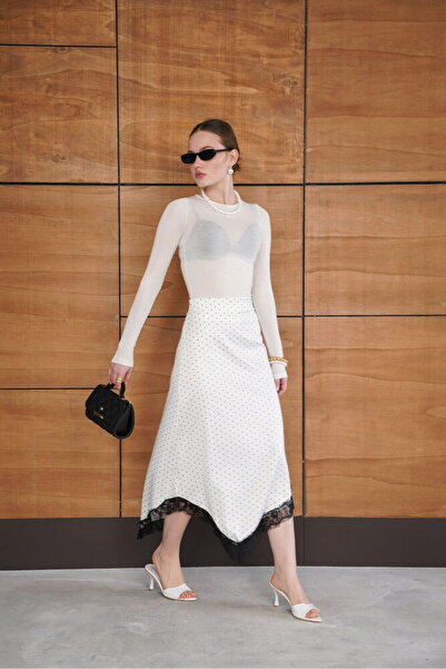 Lady Pixie Lace Detailed Polka Dot Midi Satin Skirt