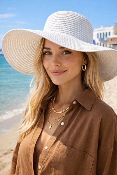 BALIENTE White Wide Round Straw Women's Hat