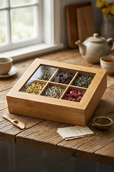 Vadi بامبو صندوق تخزين خشبي للشاي والقهوة مع بامبو أقسام وغطاء منظم