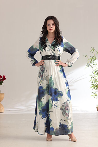 Verona فستان ماكسي نسائي بطبعة فنية مائية مع حزام عريض أنيق