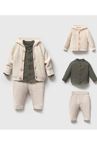Nipperland Premium Erkek Bebek 3-12 Ay Keten 3’lü Takım | Triko Hırka Müslin ...