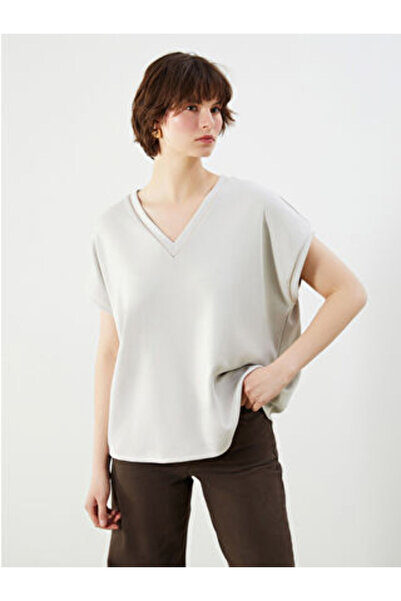 LC Waikiki Modanova Sezon Gray V-Neck Oversized Women's T-Shirt