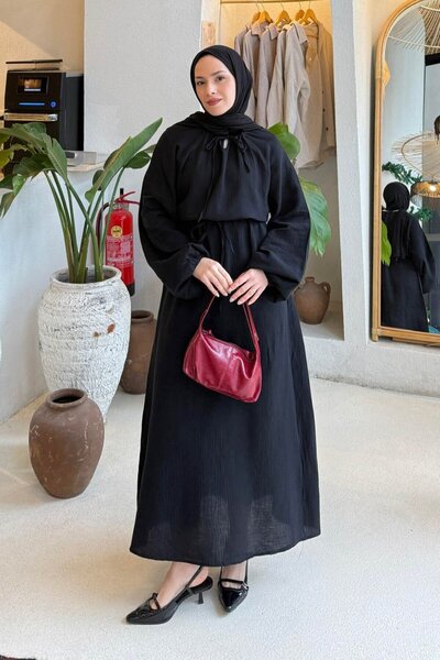 lamelif Balon Kol Tie-Detail Hijab Dress Black