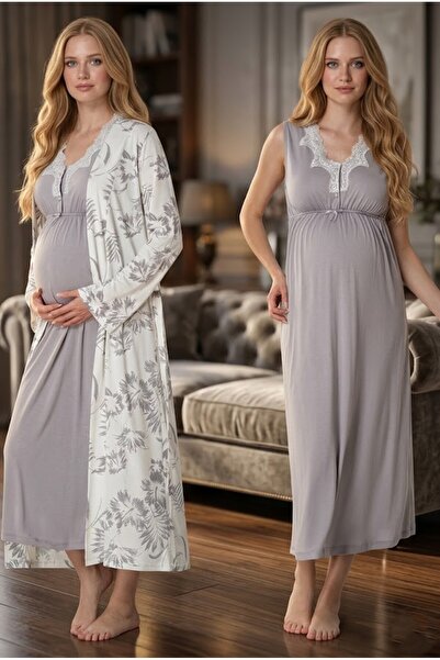 BLACKMORE Women's Gray Lace Detailed Patterned Cotton Piece Maternity Nightgo...