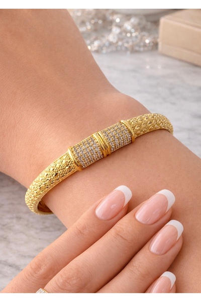 FASHİON JEWELRY Premium Gold Taşlı Dokulu Paslanmaz Çelik Kelepçe Bileklik