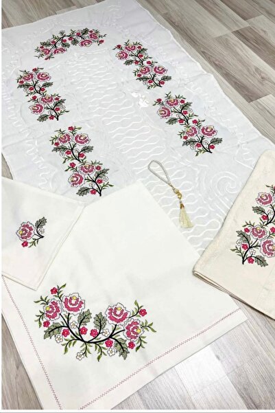 BEHREM ENES 5 Parça Gardenya Keten Etamin İşlemeli LÜKS Seccade Takımı