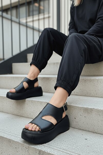 DİVOLYA Zango Black Platform (6 cm Heel) Round Toe Günlük Sandals