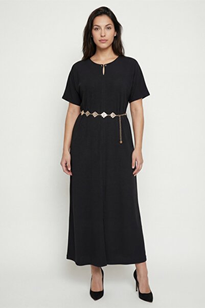 EXİTLİNE Rochie neagră de vară pentru femei, cu șliț, cu accesorii, cu fermoa...