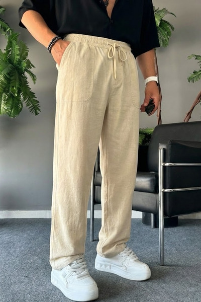 COMBİNE MİCHAİL Men's Comfortable Summer Cream Loose Linen Pants