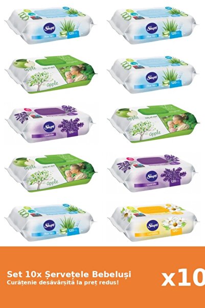 Sleepy Set 10 Șervețele Bebeluși Sleepy: Aloe Vera, Musetel, Apple, Lavanda