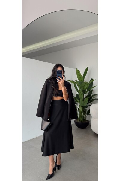 Mars Siyah Diagonal Kumaş Beli Korsajlı Çan Etek