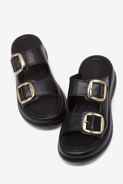 Tonny Black Women's Black High-Sole Comfortable Shoes Double Buckled Slipper