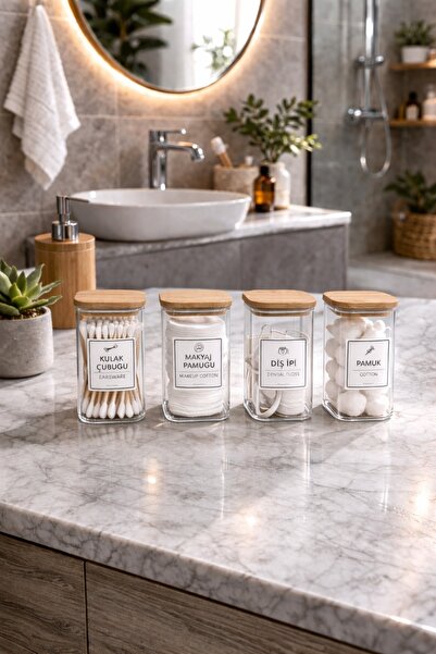 Fhilli Lora - 4-Piece Square Decorative Bathroom Organizer Set with Bamboo Li...