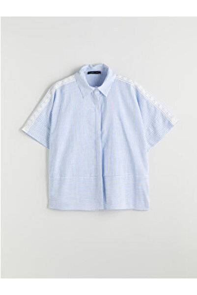 LC Waikiki Modanova Sezon Ecru Striped Lace Detailed Oversized Women's Shirt