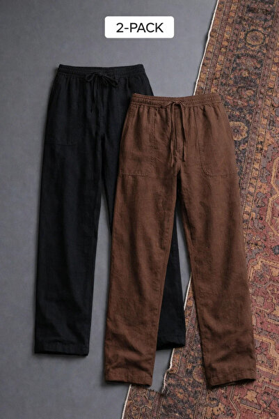 COMBİNE MİCHAİL Men's Elastic Waist Casual 2 Li Linen Trousers