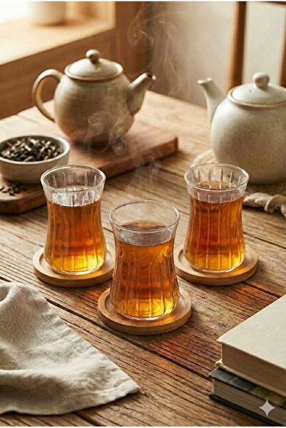 Selenica 3'lü Borasilikat Optik Çizgili Çay Bardağı Seti - Bambu Altlıklı Isı...