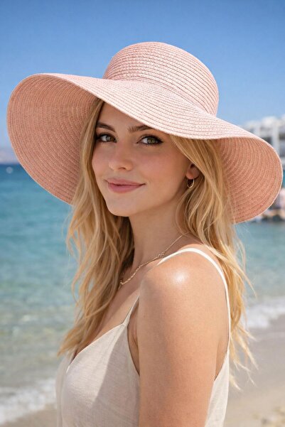 HAZAL KAYA ATELIER Pink Wide Round Straw Women's Hat