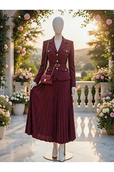 Butik Bordo Blazer Ceket ve Pileli Etek Takım