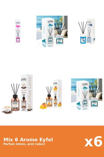 Eyfel Set 6 Mix Eyfel: 1x Bubble Gum, 1x Cafea, 1x Cool Water, 1x Mango, 2x O...